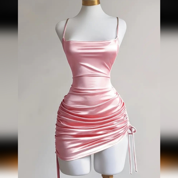 Pink Satin Drawstring Ruched Criss-cross Back Adjustable Length Mini Dress (M) - Picture 2 of 13